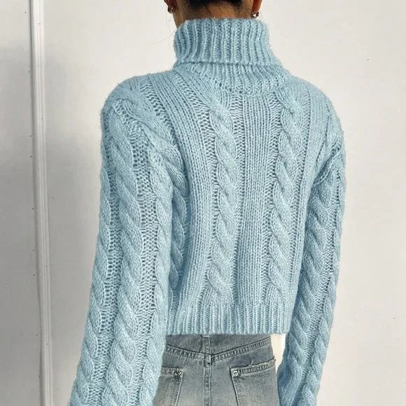 Casual Turtleneck Cable Knit Turtleneck Crop Sweater Blue - Picture 3 of 7